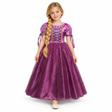 AI-generated studio image of a fictional child wearing Rapunzel Dark Purple Princess Costume Dress on a white background.