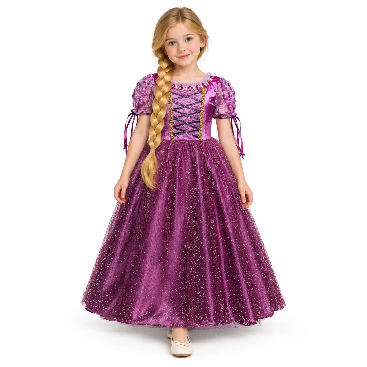 AI-generated studio image of a fictional child wearing Rapunzel Dark Purple Princess Costume Dress on a white background.