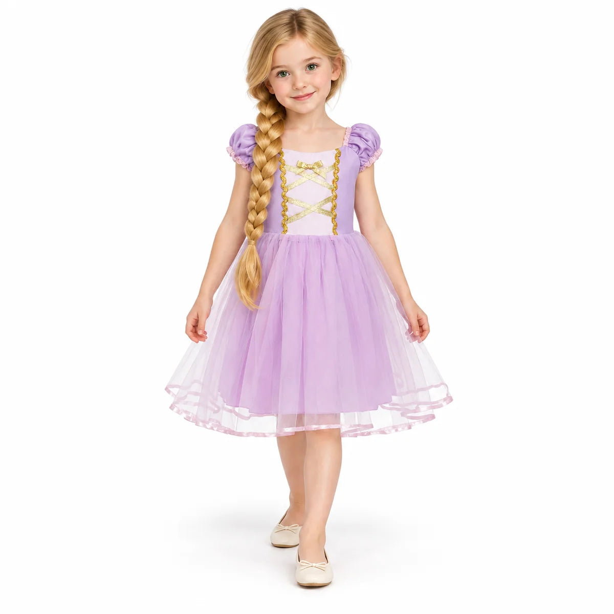 AI-generated studio image of a fictional child wearing Rapunzel Lavender Princess Costume Dress for Girls on a white background.