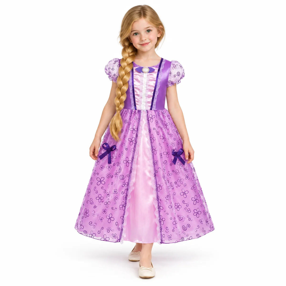 AI-generated studio image of a fictional child wearing Rapunzel Purple Floral Princess Costume Dress on a white background.