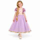 AI-generated studio image of a fictional child wearing Rapunzel Lavender Costume Dress with Decorative Bodice on a white background.