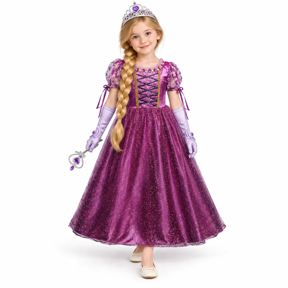 AI-generated studio image of a fictional child wearing Rapunzel Dark Purple Costume Dress Set for Girls on a white background.