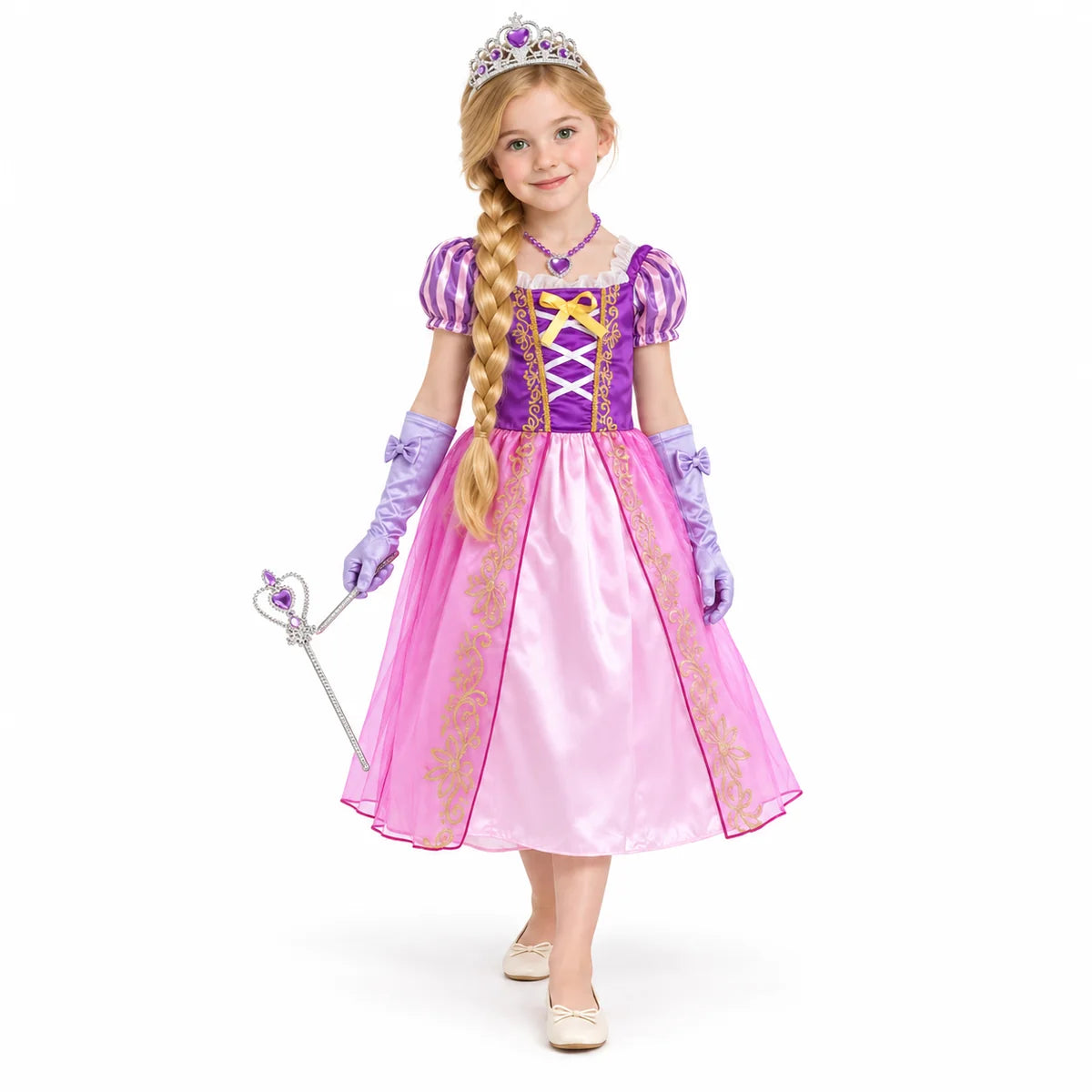AI-generated studio image of a fictional child wearing Rapunzel Pink and Purple Costume Dress Set for Girls on a white background.