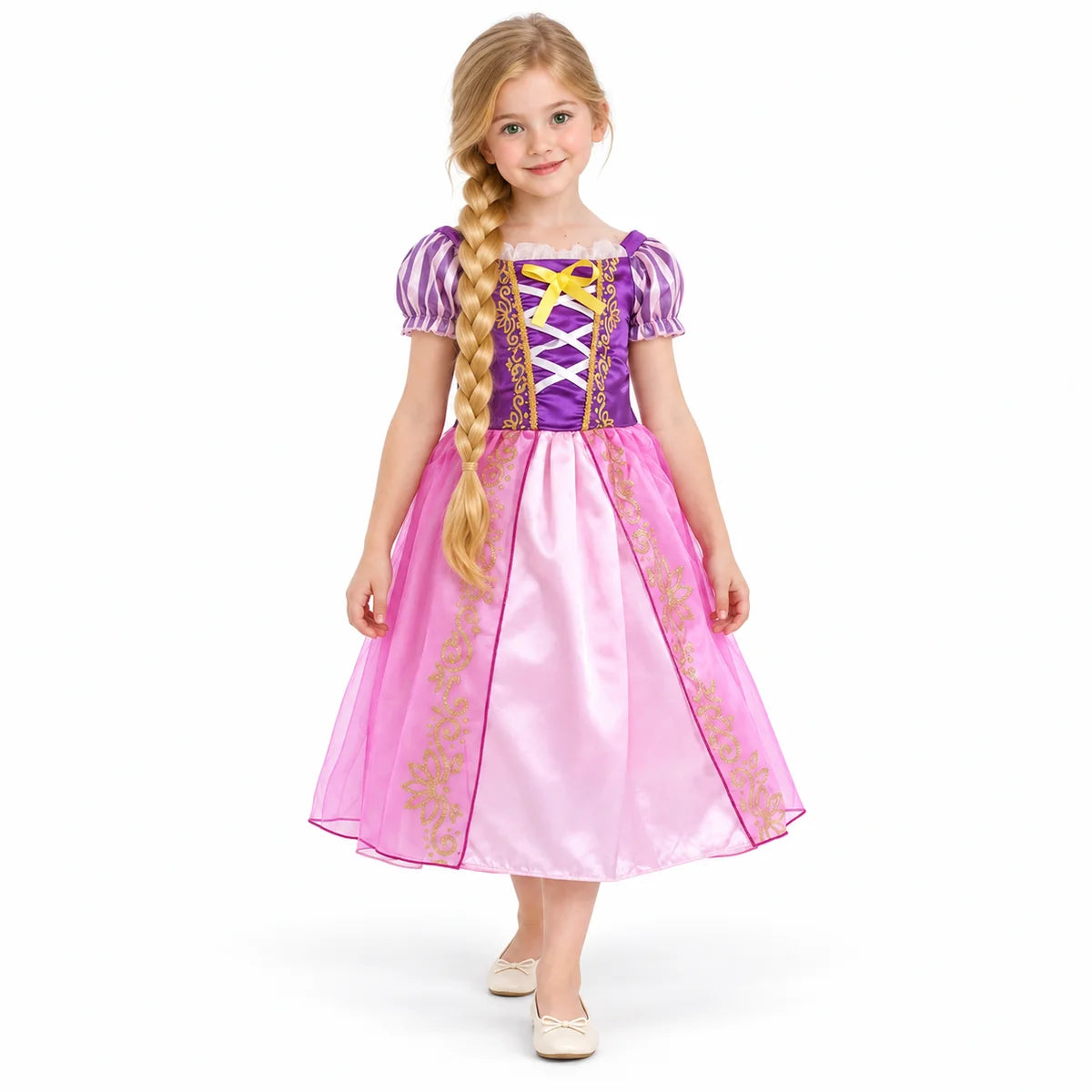 AI-generated studio image of a fictional child wearing Rapunzel Pink and Purple Costume Dress with Gold Trim on a white background.