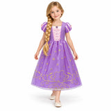 AI-generated studio image of a fictional child wearing Rapunzel Purple Star-Print Costume Dress for Girls on a white background.