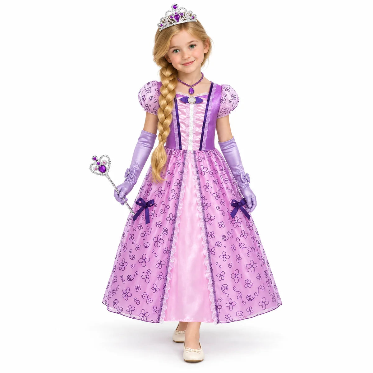 AI-generated studio image of a fictional child wearing Rapunzel Purple Floral Costume Dress with Accessories on a white background.