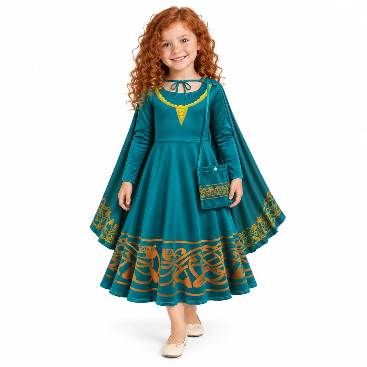 AI-generated studio image of a fictional child wearing Merida Brave Teal Dress, Cape and Bag Costume Set for Girls on a white background.