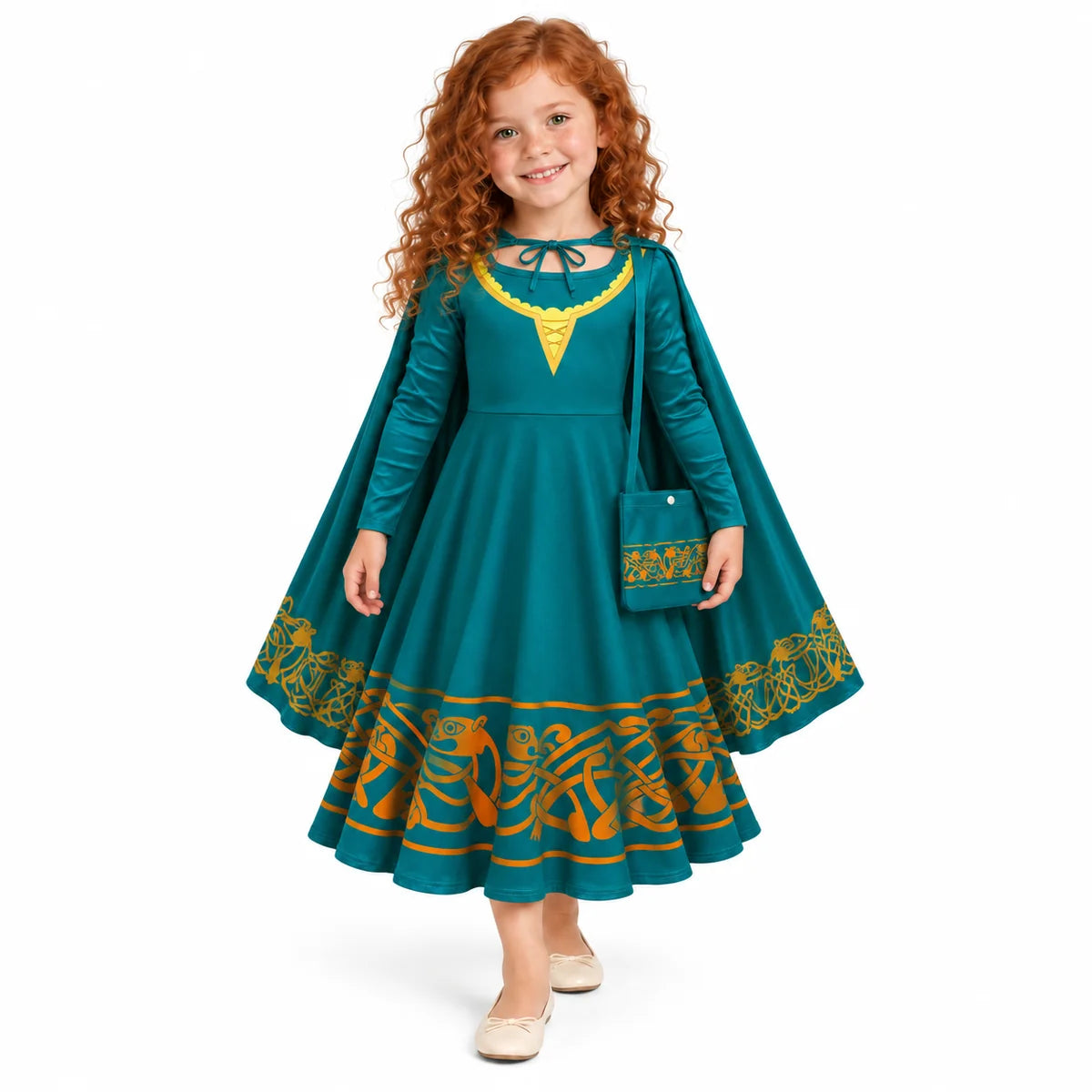 AI-generated studio image of a fictional child wearing Merida Teal Long Sleeve Costume Set with Cape and Bag for Girls on a white background.