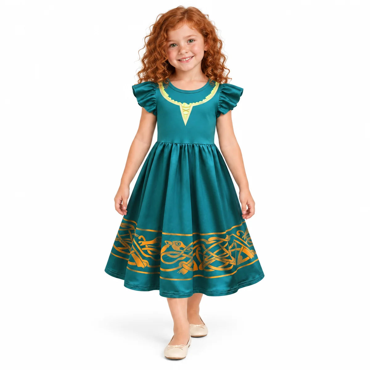 AI-generated studio image of a fictional child wearing Merida Teal Short Sleeve Brave Costume Dress or Set for Girls on a white background.