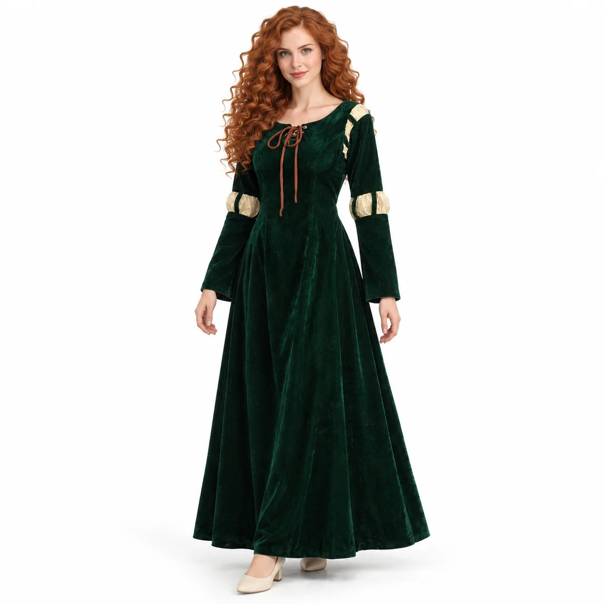 Women's Merida dark green long-sleeve costume dress with cream sleeve inserts and neckline ties.