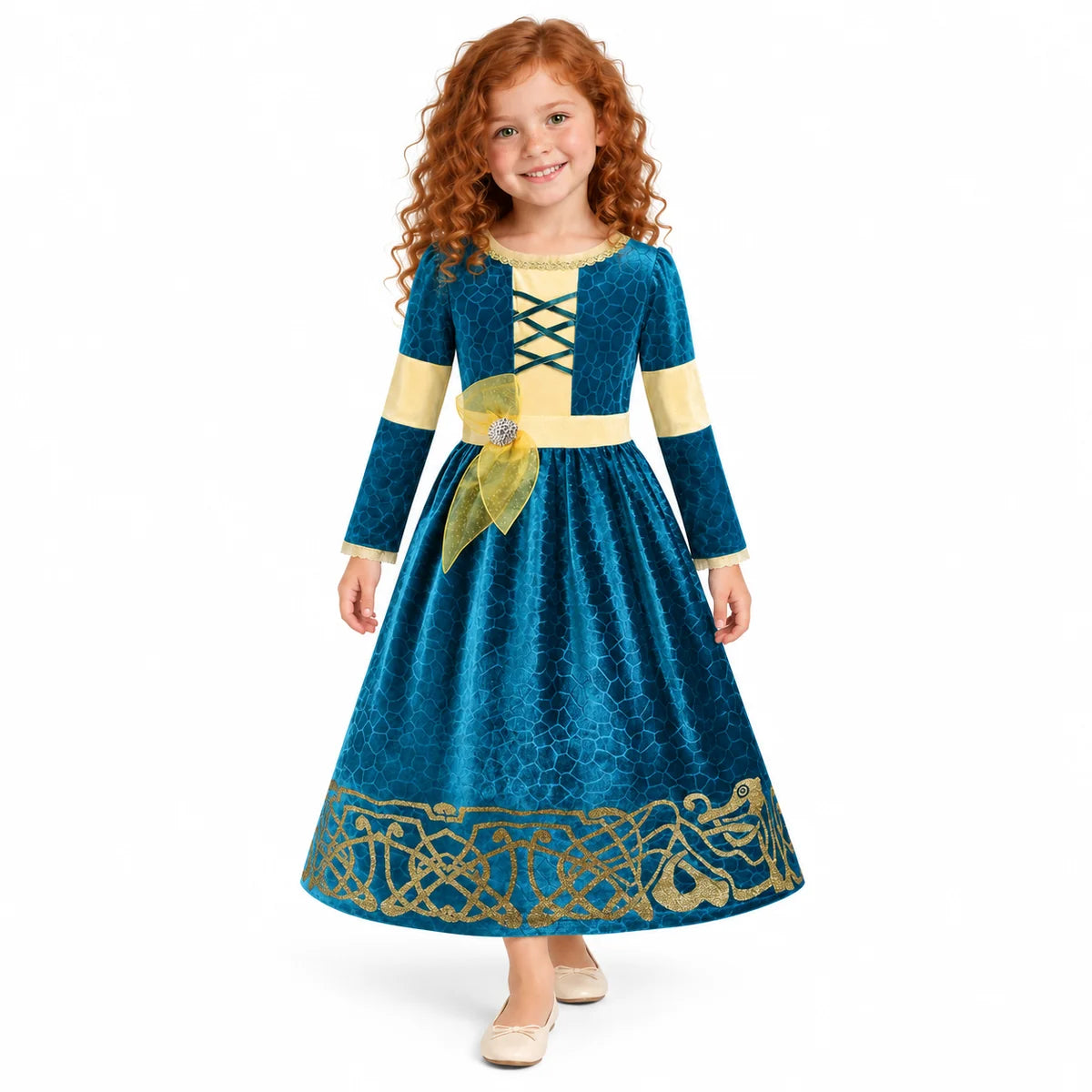 AI-generated studio image of a fictional child wearing Merida Teal Long Sleeve Princess Costume Dress with Gold Bow for Girls on a white background.