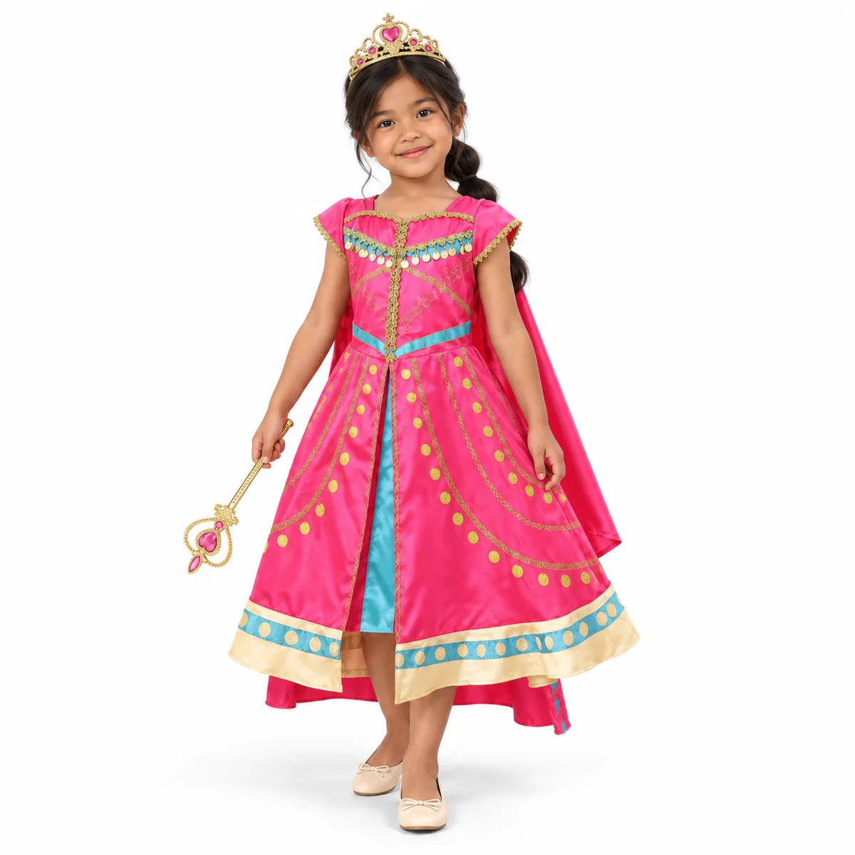 AI-generated studio image of a fictional child wearing Jasmine Pink Dress, Crown and Wand Costume Set for Girls on a white background.