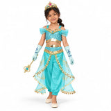 AI-generated studio image of a fictional child wearing Jasmine Turquoise Sequin Top Costume Set for Girls on a white background.