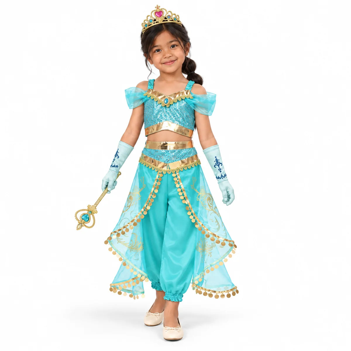 AI-generated studio image of a fictional child wearing Jasmine Turquoise Sequin Top Costume Set for Girls on a white background.