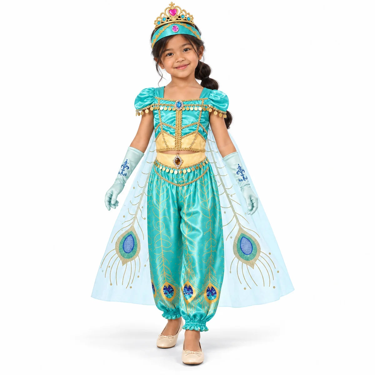 AI-generated studio image of a fictional child wearing Jasmine Peacock Cape Costume Set with Accessories for Girls on a white background.