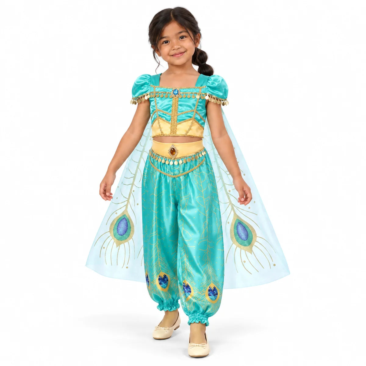 AI-generated studio image of a fictional child wearing Jasmine Peacock Cape Top and Trousers Costume for Girls on a white background.