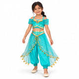 AI-generated studio image of a fictional child wearing Jasmine Turquoise Costume Set with Optional Accessories for Girls on a white background.