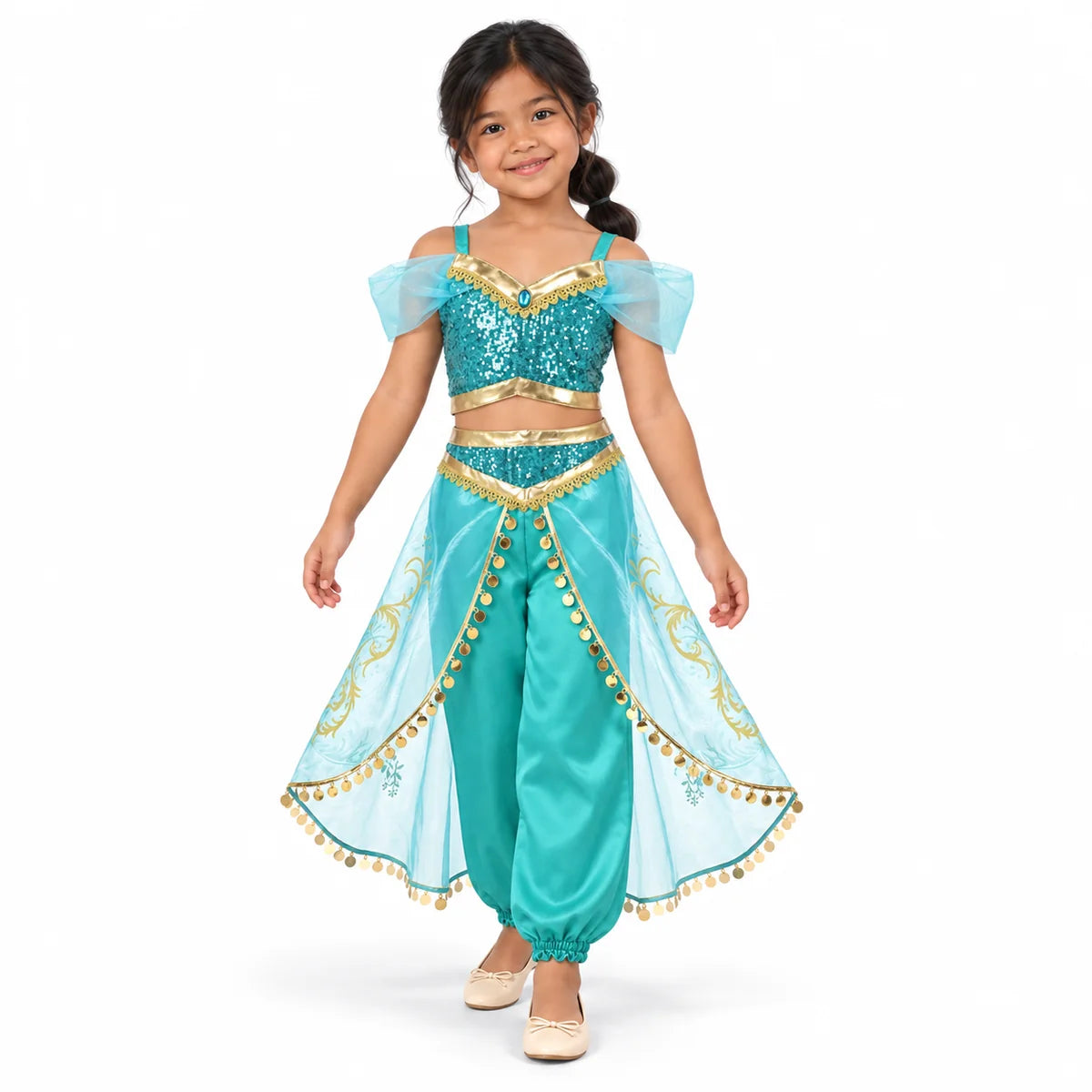 AI-generated studio image of a fictional child wearing Jasmine Turquoise Top and Trousers Costume Set for Girls on a white background.