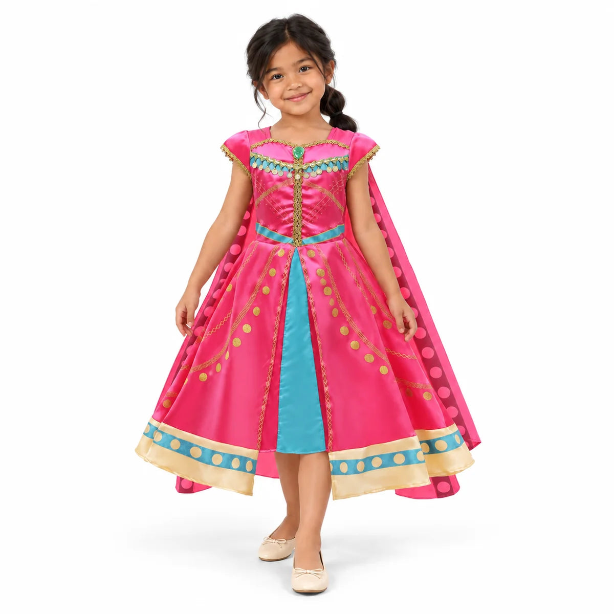 AI-generated studio image of a fictional child wearing Jasmine Pink Princess Costume Dress with Cape for Girls on a white background.