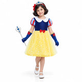 AI-generated studio image of a fictional child wearing Snow White Short Princess Costume Set with Bow Headband for Girls on a white background.