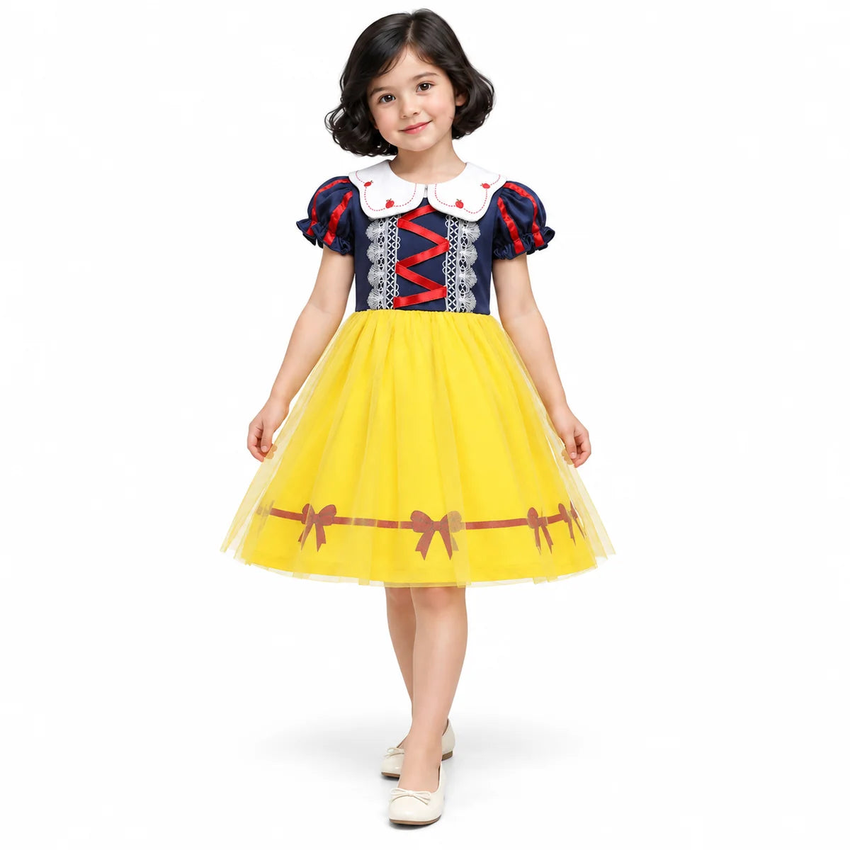 AI-generated studio image of a fictional child wearing Snow White Bow Trim Princess Costume Dress for Toddlers and Girls on a white background.