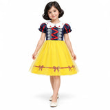 AI-generated studio image of a fictional child wearing Snow White Bow Trim Princess Costume Dress for Toddlers and Girls on a white background.