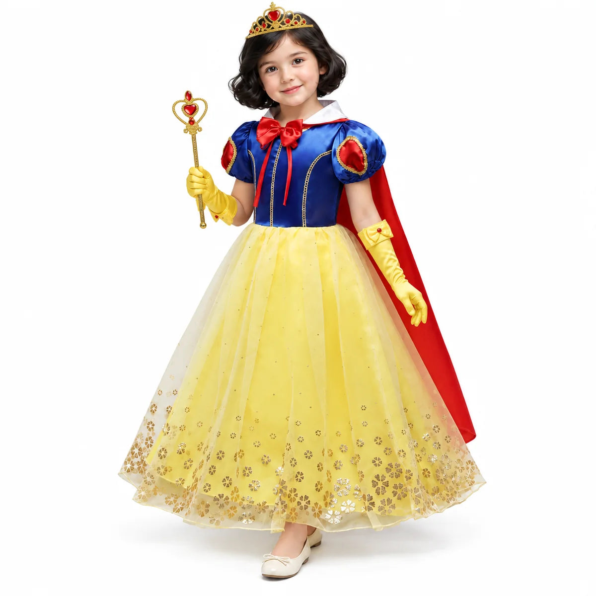 AI-generated studio image of a fictional child wearing Snow White Long Princess Costume Set with Red Cape for Girls on a white background.