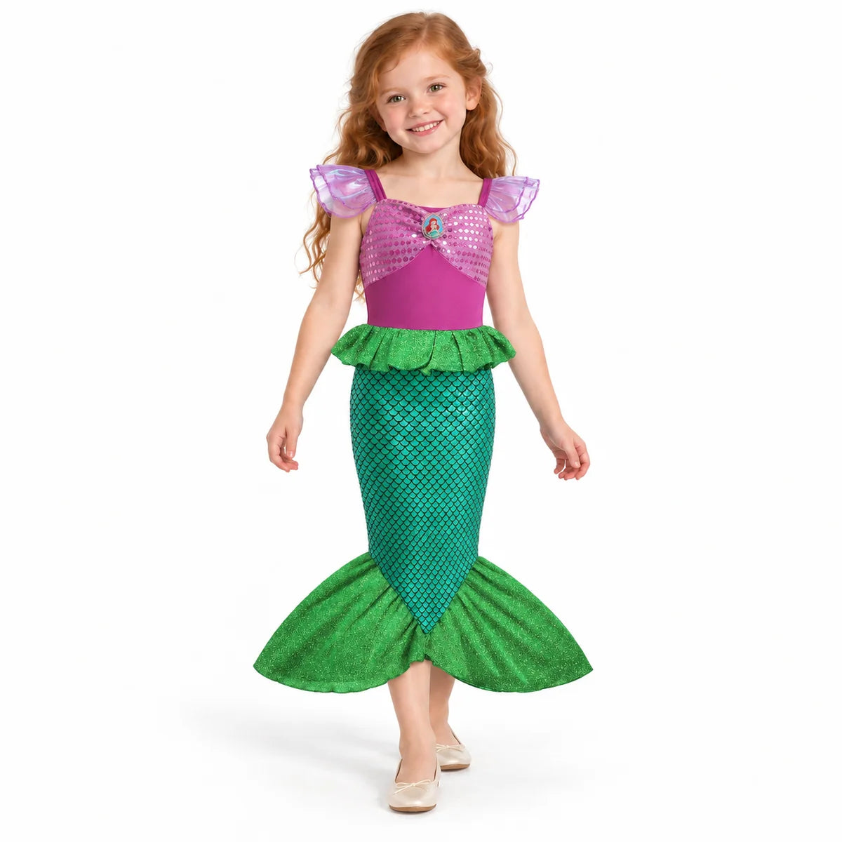 AI-generated studio image of a fictional child wearing Ariel Green Mermaid Dress with Floral or Crown Kits on a white background.