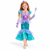 AI-generated studio image of a fictional child wearing Ariel Teal Mermaid Tail Dress with Purple Jewelry Set on a white background.