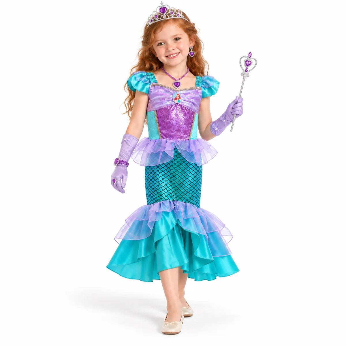 AI-generated studio image of a fictional child wearing Ariel Teal Mermaid Tail Dress with Purple Jewelry Set on a white background.