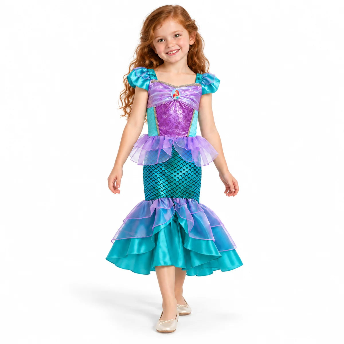 AI-generated studio image of a fictional child wearing Ariel Teal and Purple Tiered Mermaid Dress for Girls on a white background.
