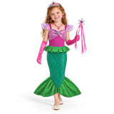 AI-generated studio image of a fictional child wearing Ariel Green Mermaid Tail Dress with Pink Accessory Set on a white background.