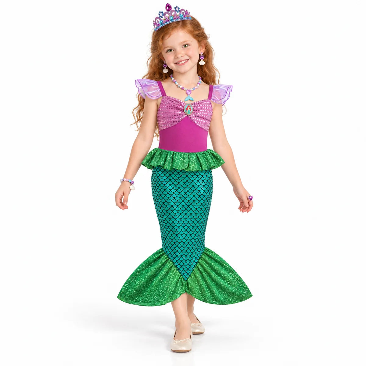 AI-generated studio image of a fictional child wearing Ariel Green Mermaid Tail Dress with Crown and Jewelry on a white background.