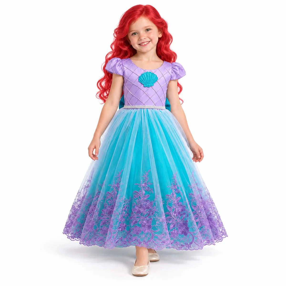 AI-generated studio image of a fictional child wearing Ariel Lavender Shell Costume Dress with Red Wig on a white background.