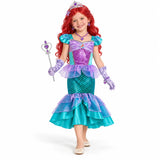 AI-generated studio image of a fictional child wearing Ariel Mermaid Tail Costume Dress with Accessories and Wig on a white background.