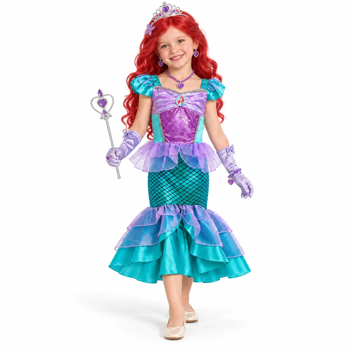 AI-generated studio image of a fictional child wearing Ariel Mermaid Tail Costume Dress with Accessories and Wig on a white background.