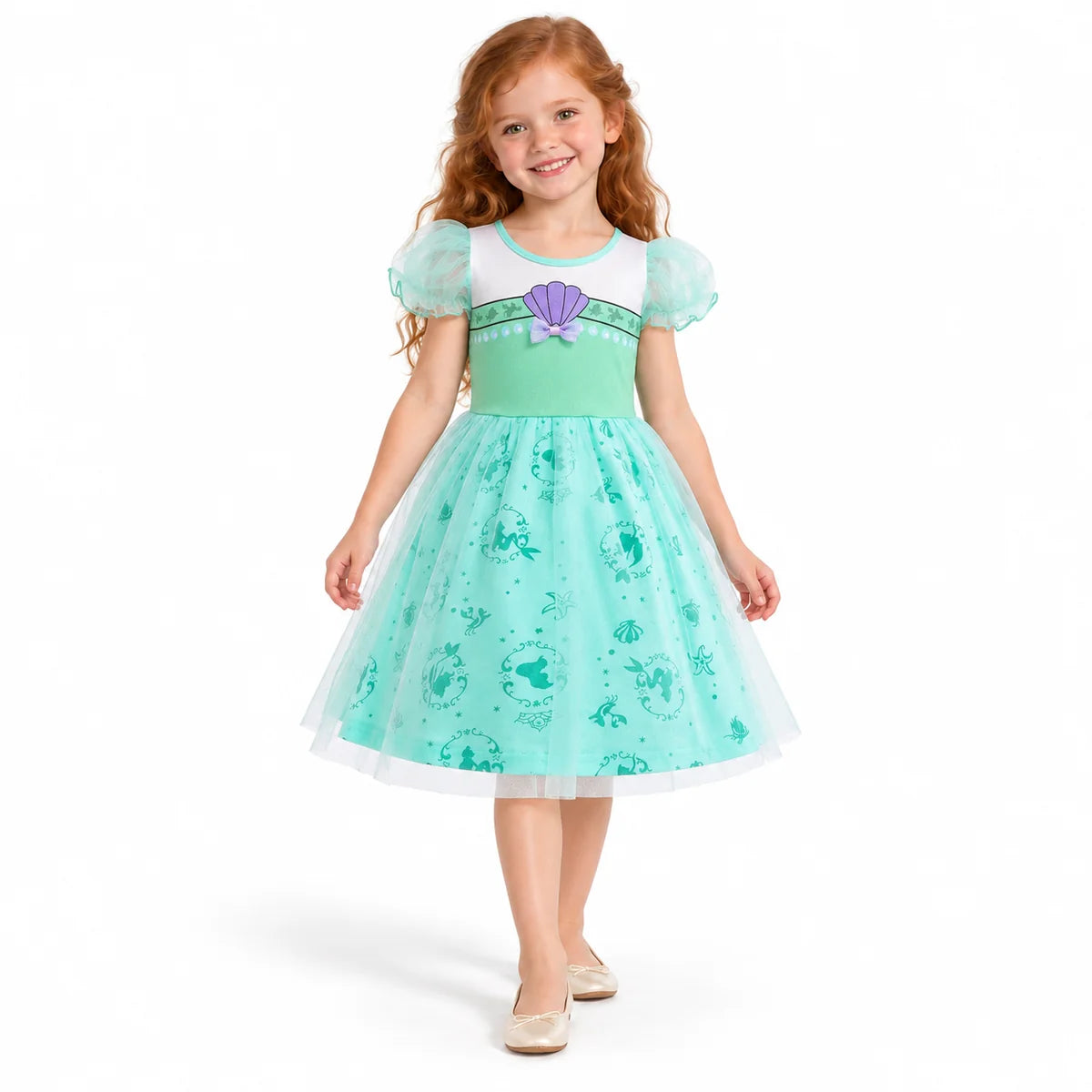 AI-generated studio image of a fictional child wearing Ariel Mint Green Shell Print Dress for Girls on a white background.