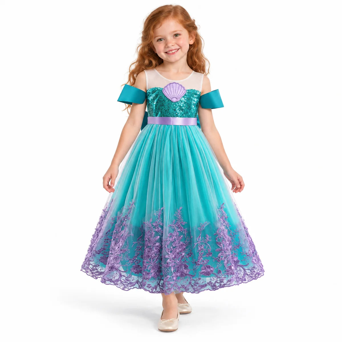 AI-generated studio image of a fictional child wearing Ariel Teal Shell and Floral Costume Dress for Girls on a white background.