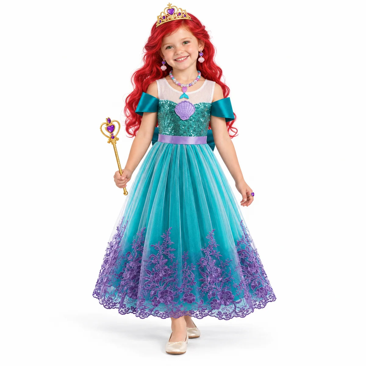 AI-generated studio image of a fictional child wearing Ariel Teal Shell Costume Dress with Accessories and Wig on a white background.