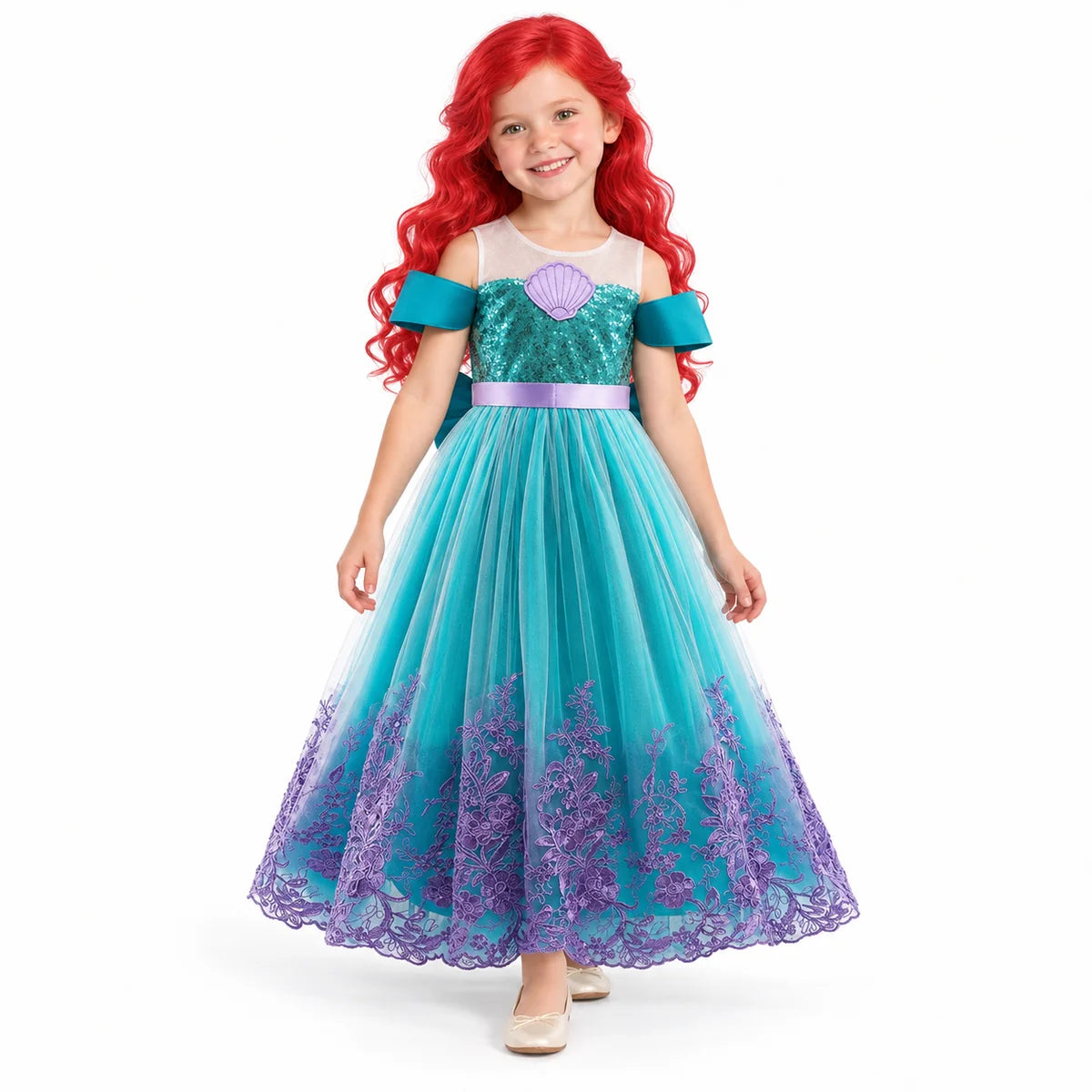 AI-generated studio image of a fictional child wearing Ariel Teal Shell Costume Dress with Red Wig for Girls on a white background.