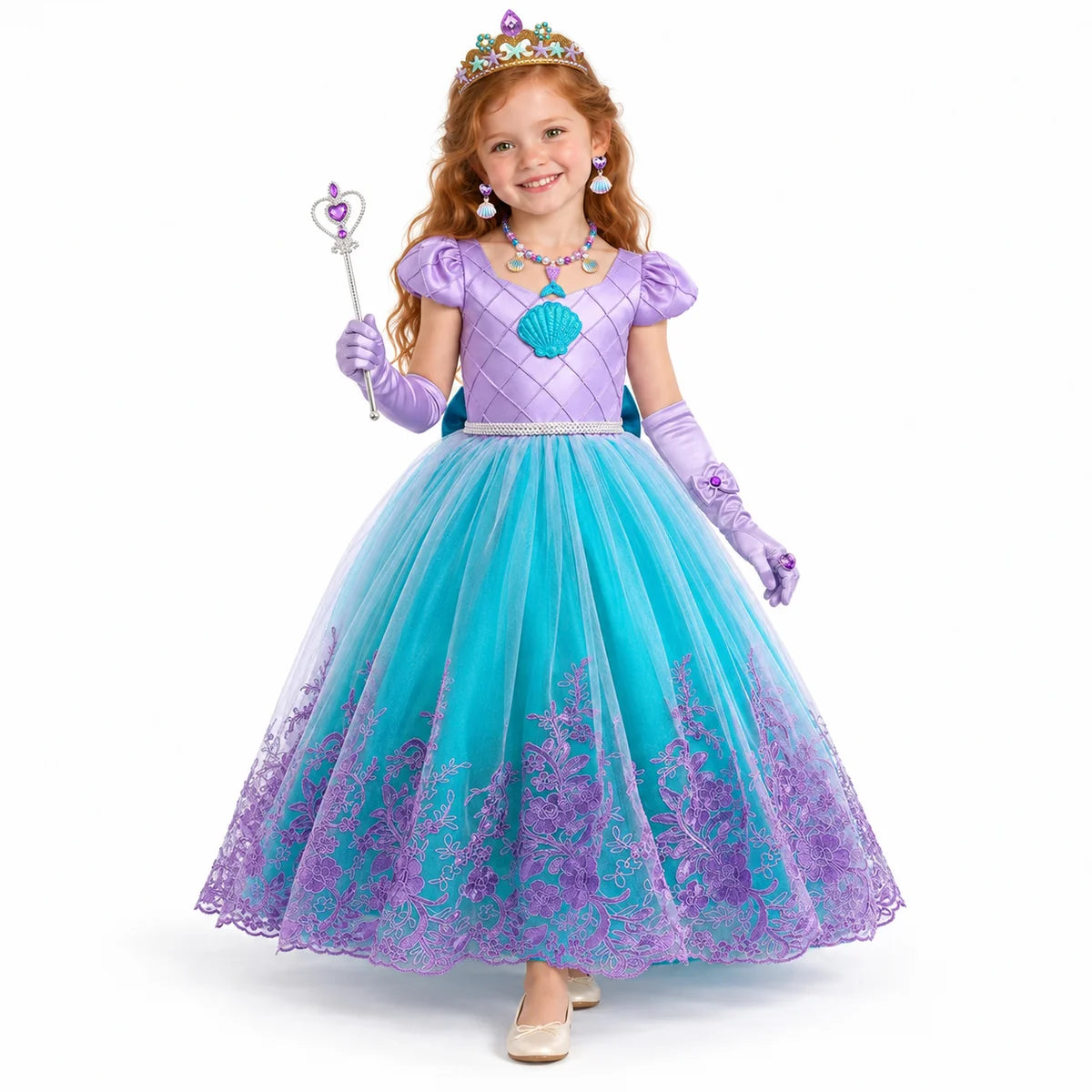 AI-generated studio image of a fictional child wearing Ariel Lavender Shell Costume Dress with Jewelry Set on a white background.