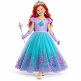 Ariel lavender shell costume dress with teal floral skirt, tiara, wand, gloves, jewelry and red wig, worn by a child.