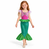 Ariel costume dress with pink and purple bodice, green scale-print skirt and flared fin hem, worn by a child.