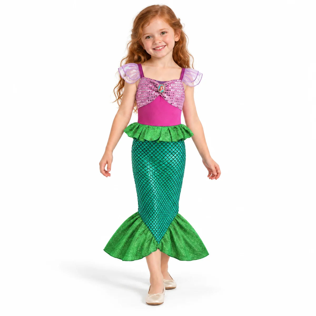 Ariel costume dress with pink and purple bodice, green scale-print skirt and flared fin hem, worn by a child.