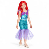 Ariel costume dress with metallic blue bodice, purple bow, scale-print skirt, lavender tulle hem and red wig, worn by a child.