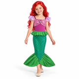 Ariel green mermaid-tail costume dress with purple bow bodice and red wig, worn by a child.