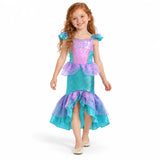 Ariel teal and purple mermaid costume dress with scale-print skirt and layered ruffled hem, worn by a child.