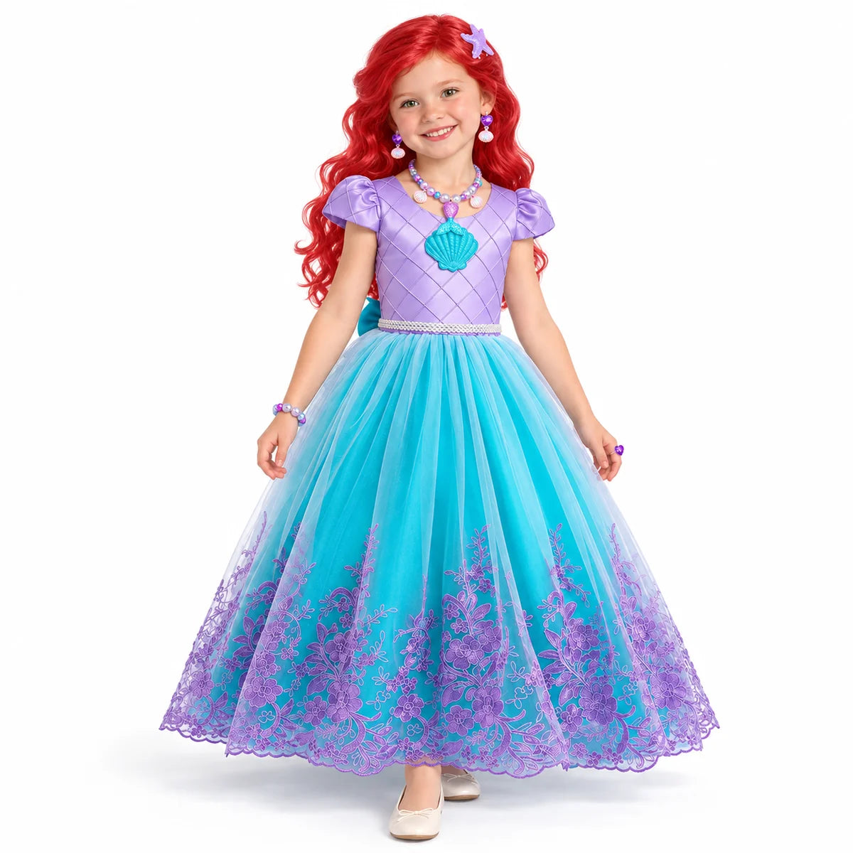 Ariel shell costume dress with lavender bodice, teal floral skirt, red wig, necklace, bracelet, earrings and ring, worn by a child.