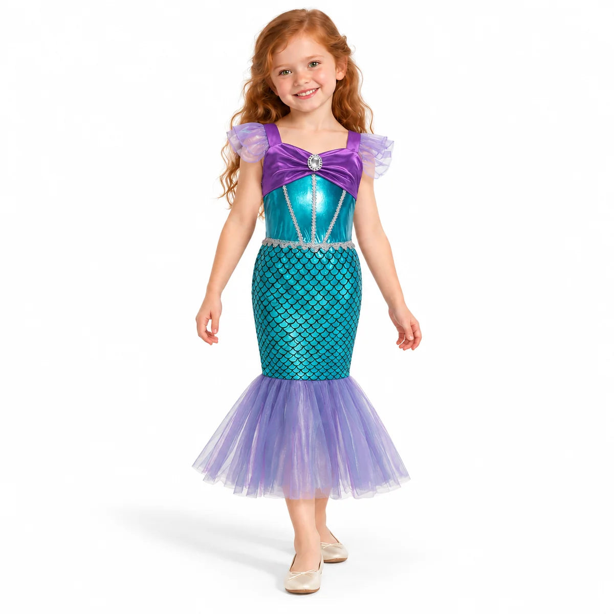 Ariel mermaid costume dress with teal metallic bodice, purple neckline bow, scale-print skirt and lavender flared hem, worn by a child.