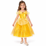 Belle yellow princess dress with chest bow, sheer peplum and gold rose-patterned skirt, worn by a child.
